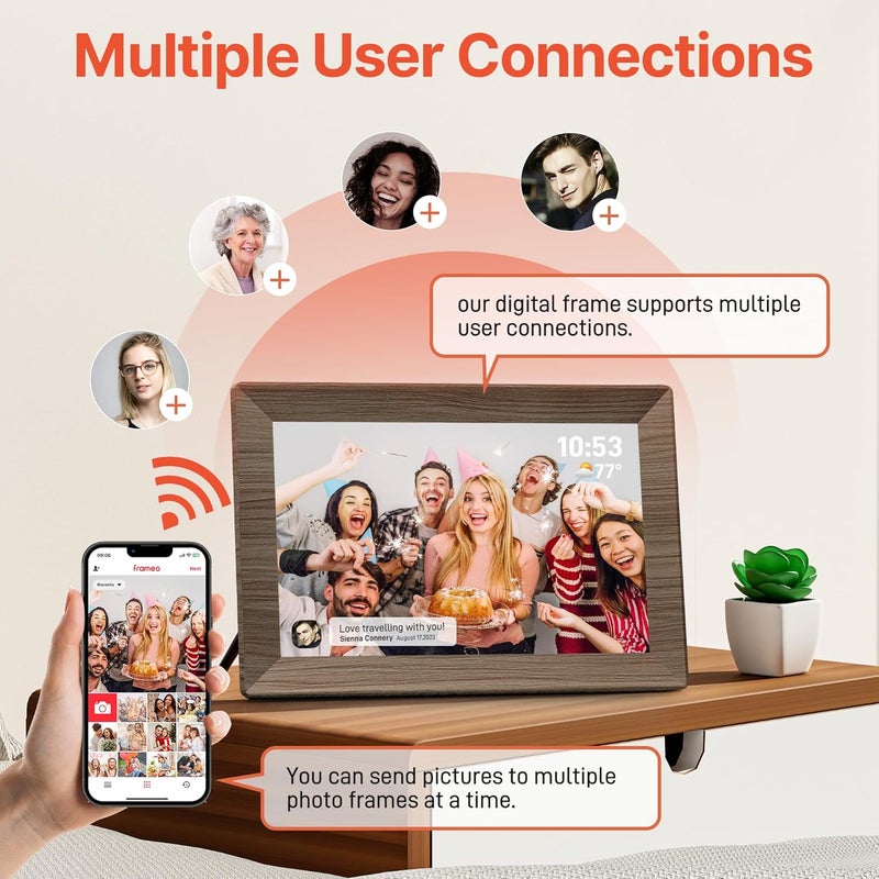 BIGASUO إطار صورة رقمي Frameo 10.1" مع ذاكرة 32 جيجابايت خشبي واي فاي إطار صور إلكتروني 1280 x 800 شاشة تعمل باللمس IPS دوران تلقائي عرض شرائح قابل للتعليق على الحائط مشاركة الصور/الفيديو عن بُعد في أي مكان - Image 3